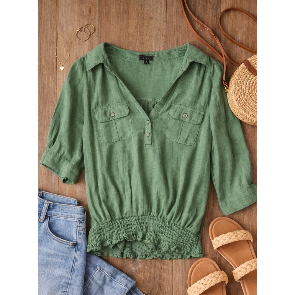 Mine Green Rayon Blouse Large Smocked Waist Boho Top Lightweight Natural